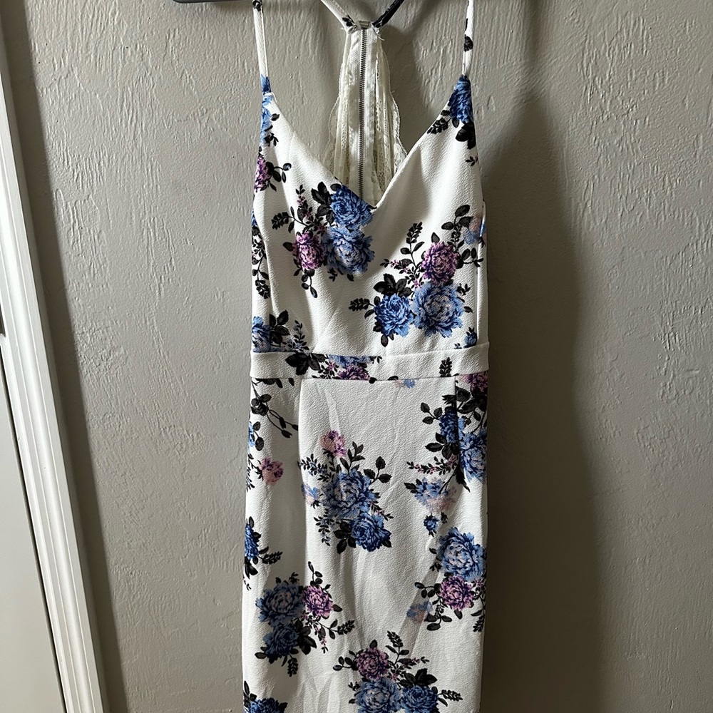 Floral Print Women's Dress - White with Blue and Purple Accents